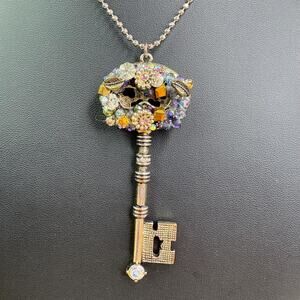 Vintage Betsey Johnson Large Chunky Embellished Bling Key Pendant Long Necklace